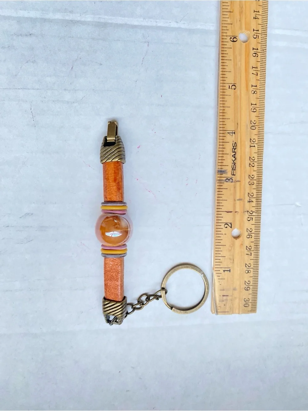 Brown Leather Key Ring, Holder with Decorative Bead